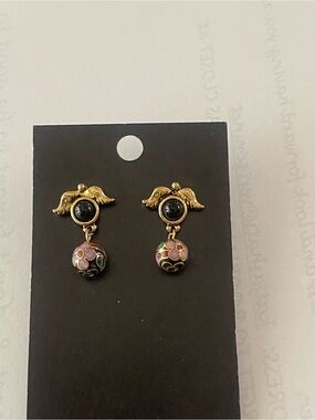 Gold Angel Wing Drop Earrings with Pink Floral Cloisonné Beads